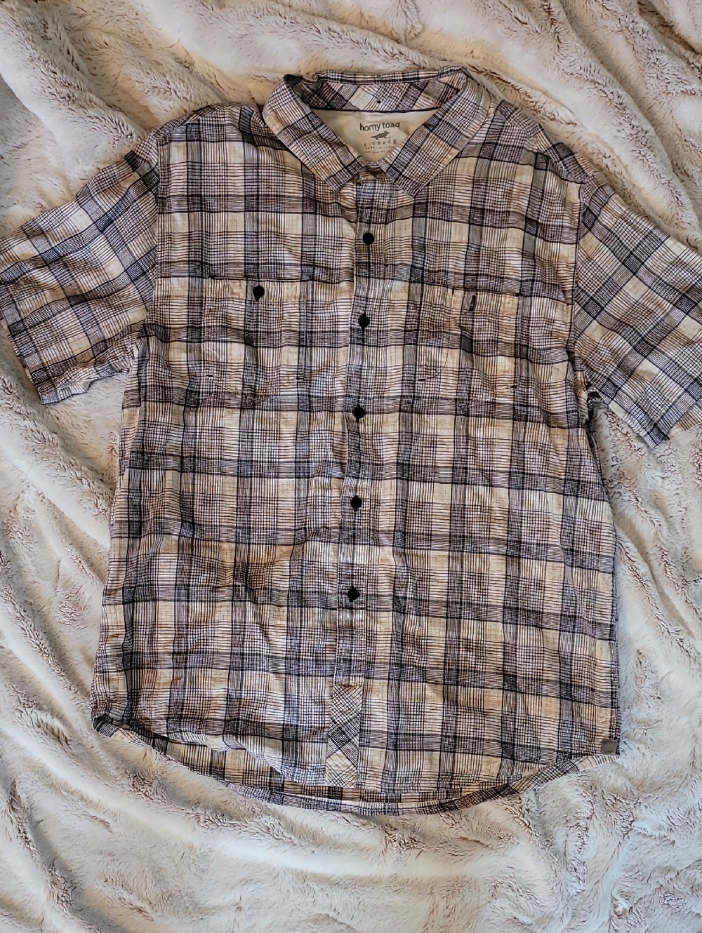Horny Toad Plaid Short Sleeve Button-Down Shirt - White & Blue